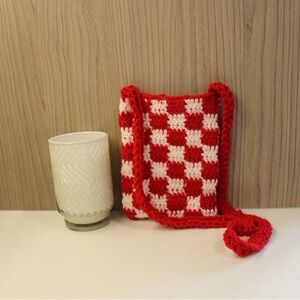 Crochet Handmade Pink & Red Checkered Crossbody/Shoulder Small Bag